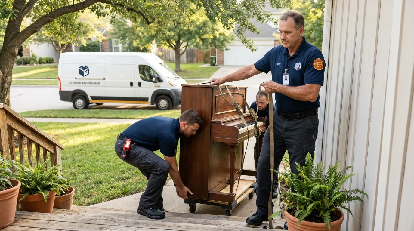 Licensed piano movers securing grand piano in Glasco, NY